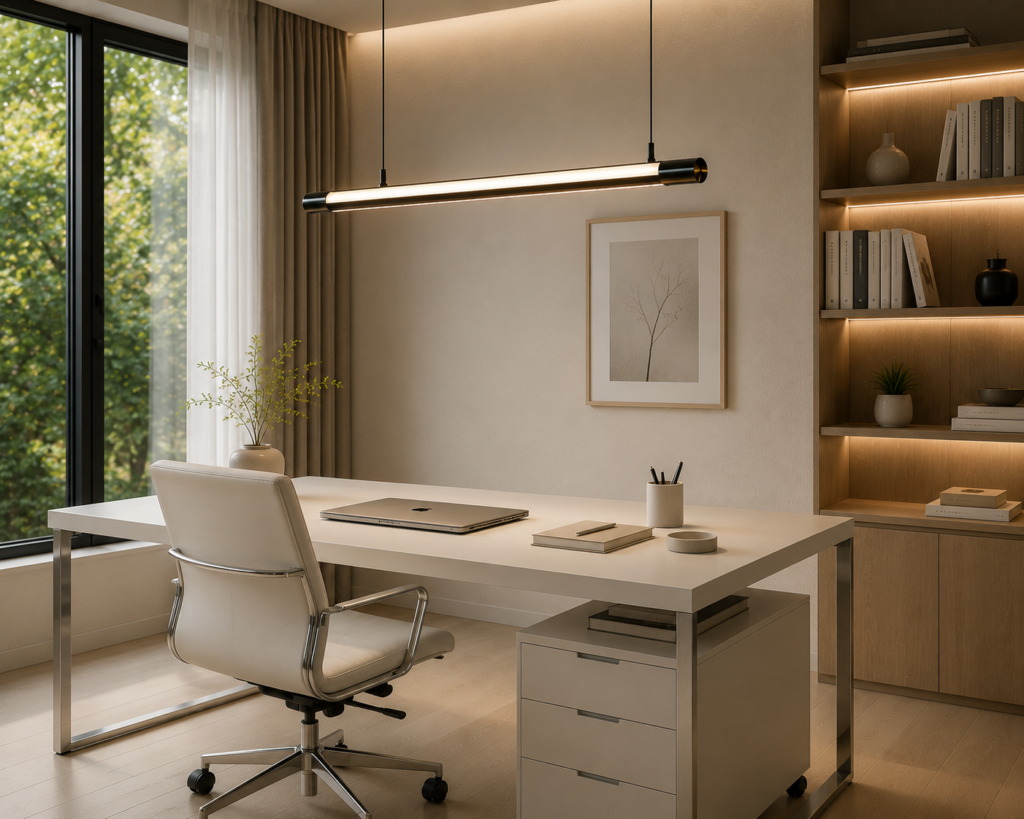 Đèn thả Aurora tuyến tính chrome đen - ứng dụng phòng làm việc tại nhà