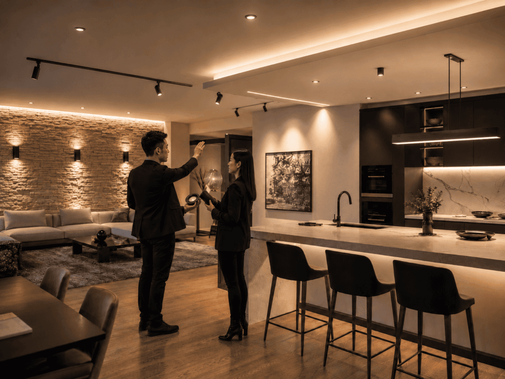 Trong quy trình làm việc Ecolux Lighting, giải pháp được nghiên cứu dựa trên kiến trúc, vật liệu, công năng và hiệu ứng ánh sáng cần tạo ra.