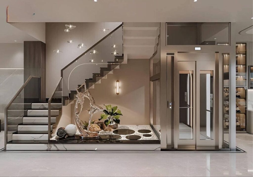 Chiếu sáng cầu thang biệt thự kết hợp hệ thống đèn âm trần, đèn tường và ánh sáng nhấn tại khu vực cầu thang – hành lang, giúp phân lớp ánh sáng, làm nổi bật các điểm kiến trúc và hỗ trợ định hướng di chuyển.