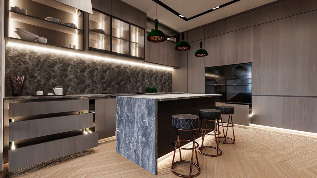 Chiếu sáng khu bếp mở kết hợp spotlight xoay chỉnh góc với ánh sáng hắt dưới tủ, giúp tăng khả năng quan sát tại khu vực nấu ăn, đảo bếp và mặt bàn thao tác.