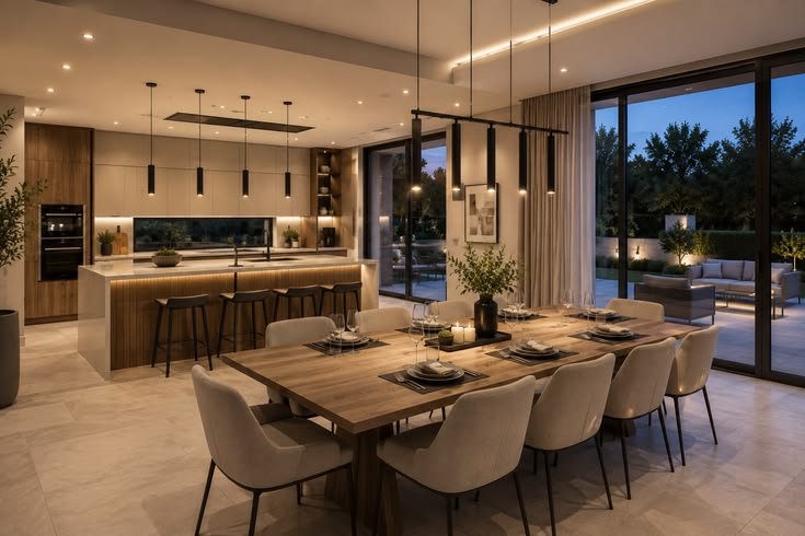 Chiếu sáng khu bếp mở được tổ chức theo từng vùng chức năng với đèn thả cho đảo bếp, bàn ăn, đèn âm trần và ánh sáng hắt tủ, tạo sự cân bằng giữa công năng và thẩm mỹ.