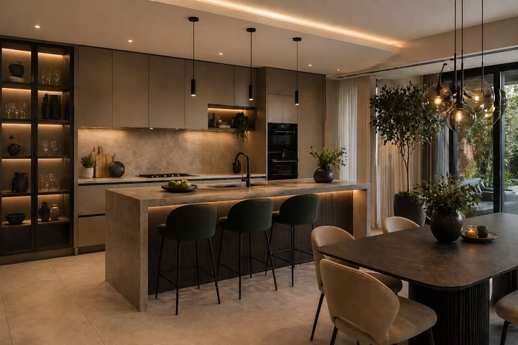 Chiếu sáng khu bếp mở kết hợp ánh sáng nhấn tại đảo bếp, backsplash và hệ tủ trang trí, tạo sự chuyển tiếp giữa vùng sáng và vùng tối, đồng thời kết nối bếp với phòng ăn.