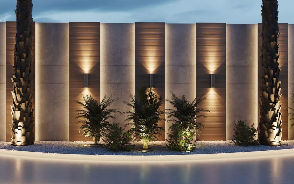 Đèn IP65 ngoài trời chiếu sáng mặt tiền và cảnh quan, kết hợp vật liệu phù hợp giúp tăng độ bền trong môi trường ẩm và thời tiết khắc nghiệt.
