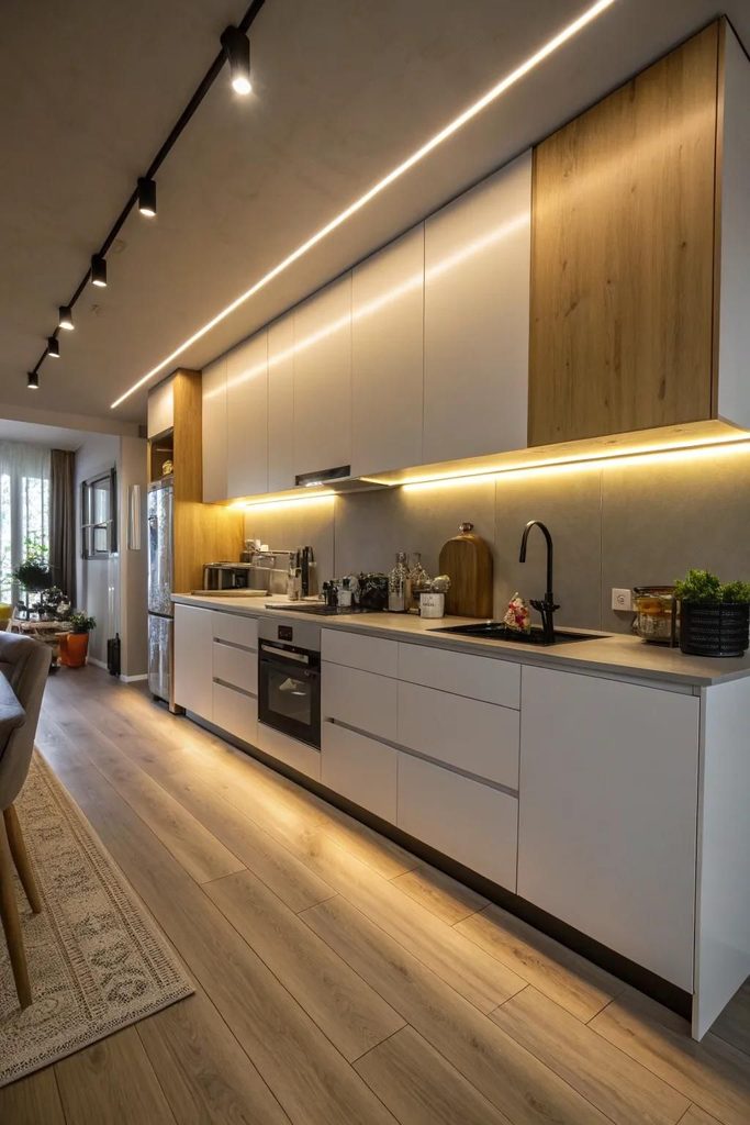 LED Strip ứng dụng trong chiếu sáng bếp, tạo dải sáng liên tục dưới tủ, khe trần và chân tủ, đồng thời tăng hiệu ứng thẩm mỹ cho không gian.