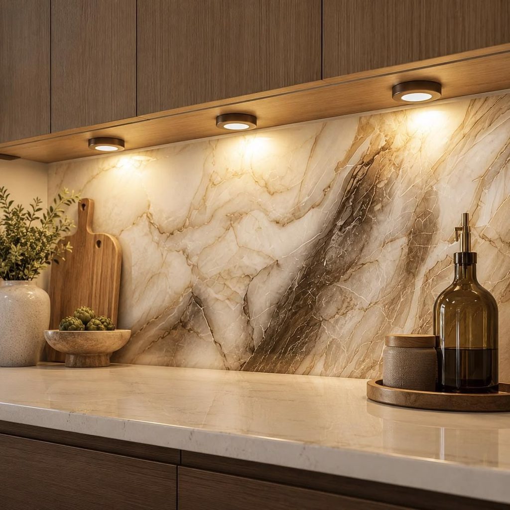 Puck Light dạng nút tròn cho tủ bếp, tạo vùng sáng tập trung dưới tủ và làm nổi bật mặt bàn, backsplash cùng các chi tiết nội thất.